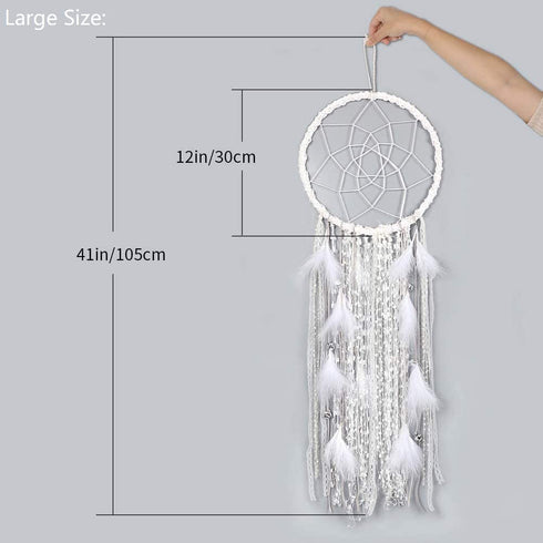 Alynsehom Extra Large Dream Catcher Kids Wall Hanging Decoration Handmade White Feather Boho Big Dreamcatchers with Bells Wedding Dream Catchers Bedroom Craft Ornament Gift (Dia 12", Length 41")