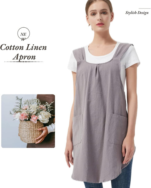 ENN&EEZY Japanese Linen Aprons for Women with Pockets Cross Back Cute Apron Dress for Gardening, Painting, Baking and Cooking