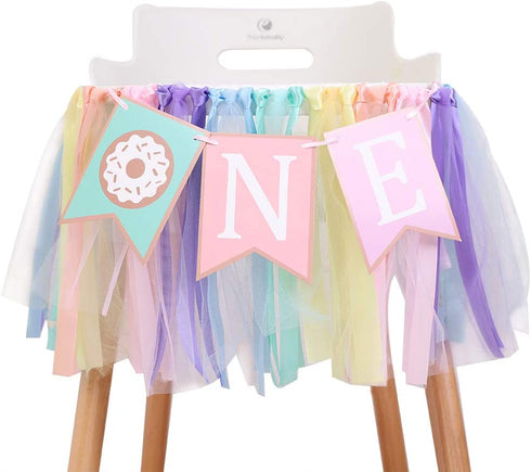 Donut 1 to 2 Years Old Birthday Banner - Donut Theme Birthday High Chair Banner, a Soft Rainbow Ribbon Tutu Group, Sweet Days, Leaving a Wonderful Party Time, Perfect Party Decoration. (Donut 1)