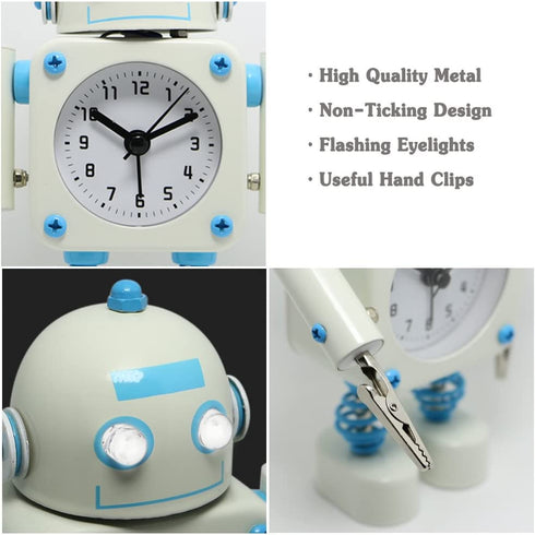 Betus Non-Ticking Robot Alarm Clock Stainless Metal - Wake-up Clock with Flashing Eye Lights and Hand Clip (White)