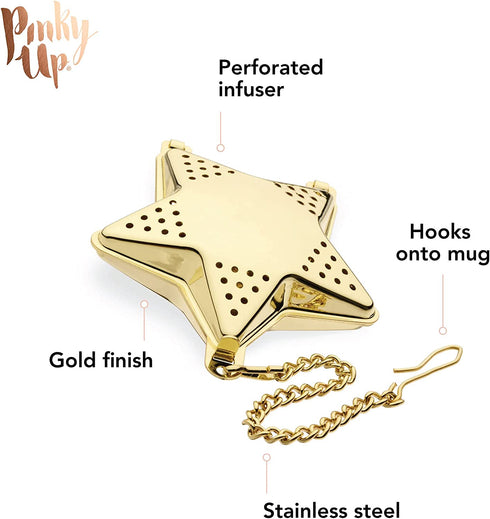 Pinky Up Star Shaped Tea Ball Loose Leaf Infuser with Chain Hook, Stainless Steel, Gold Finish