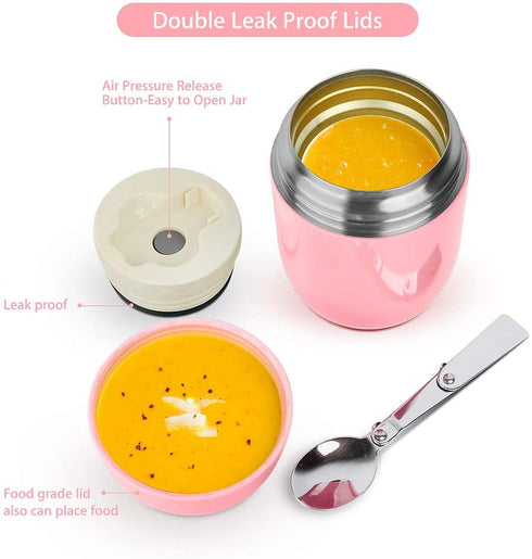 Insulated Lunch Container DaCool Hot Food Jar 16 oz Stainless Steel Vacuum Bento Lunch Box for Kids Girls Adult with Spoon Leak Proof Hot Cold Food for School Office Picnic Travel Outdoors - Pink