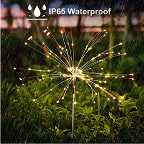 2Pack Solar Firework Lights Outdoor 120LED Garden Decorative Starburst Lamp Powered Copper Wire Fairy String Stake Landscape Waterproof DIY Flowers Sparklers Lighting for Christmas Walkway Warm White
