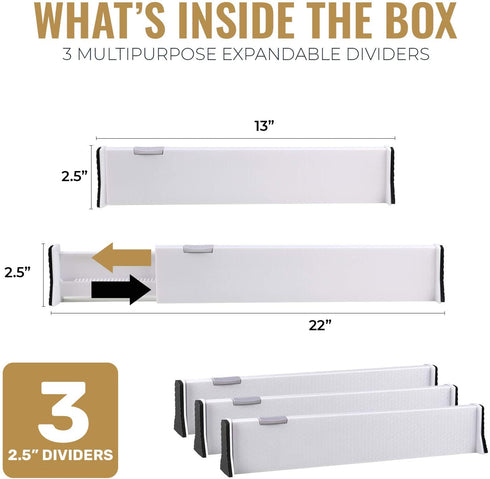 Rapturous 3 Pack Kitchen Drawer Divider - 2.5 Inch High and Expands from 13-22 Inch Adjustable Utensil Drawer Organization - Use for cutlery Silverware flatware and Bedroom, Bathroom or Office Drawers