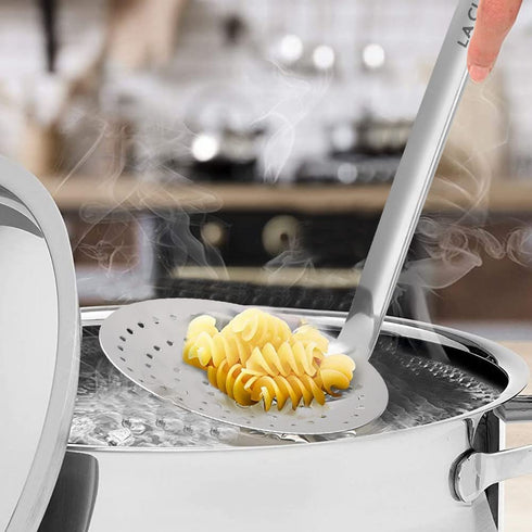 La Cuisine 18/10 Stainless Steel Soup Ladle Skimmer Spoon €“ 2 Pack includes 1 pc Soup Sauce Ladles and 1 pc Slotted Spoon Skimmer with hook handle. Mirror Finish
