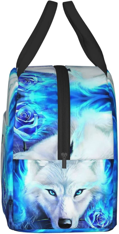 PrelerDIY Blue Fire Rose Wolf Lunch Box Insulated Meal Bag Lunch Bag Reusable Snack Bag Food Container For Boys Girls Men Women School Work Travel Picnic