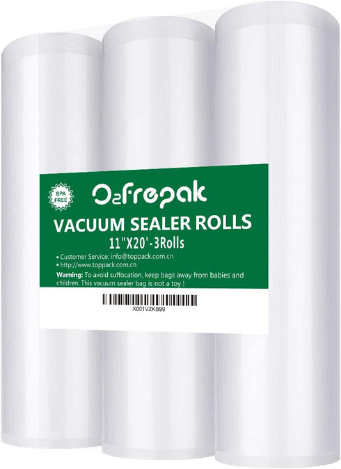 O2frepak 3 Pack 11"x20' Rolls Vacuum Sealer Bags Rolls with BPA Free,Heavy Duty Vacuum Sealer Storage Bags Rolls,Cut to Size Roll,Great for Sous Vide (Total 60 feet)