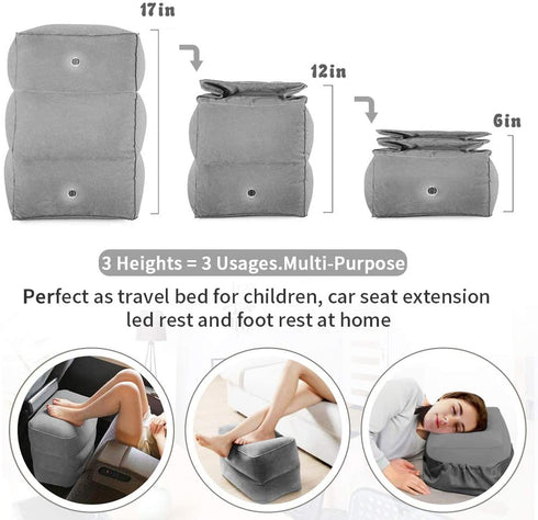 Inflatable Travel Foot Rest Pillow Portable Adjustable Three Layers Height Foot Stool for Airplanes, Cars, Home, Trains, Office to Lay Down or Sleep on Long Flights with Pump €¦ (Grey)