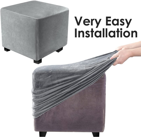DUJUIKE Ottoman Covers Slipcover Square Ottoman Covers Protector for Footrest Foot Stool Furniture Stretch Comfortable Velvet with Elastic Bottom (Length & Width:13-18", Height:15-18", Light Grey)