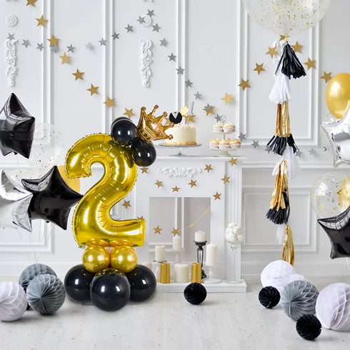 32 inch Large Size Black Gold Number 2 Balloons ,Foil Aluminum Crown Balloon Latex Balloons Combination for 2nd Theme Birthday Party Wedding Decoration Baby Shower Supplies