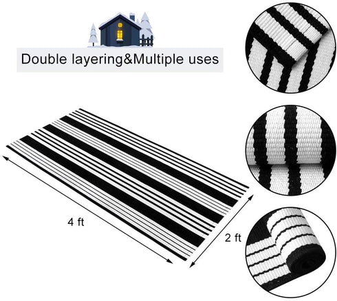 OJIA Cotton Black and White Striped Rug 24'' x 51''Hand-Woven Indoor/Outdoor Area Rug Layered Door Mats for Front Porch/Entryway/Laundry Room/ Bedroom/Outdoor