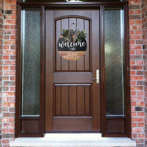Welcome Sign Front for Door Decoration, 12 in Round Wood Wreaths Wall Hanging Outdoor, Farmhouse, Porch, for Spring Summer Fall All Seasons Holiday Christmas (Black)