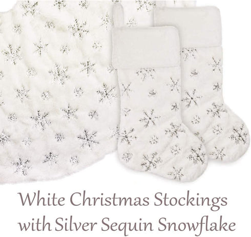 SherryDC Faux Fur Snowflake White Christmas Stockings Set of 2 Fireplace Xmas Decoration Holder (Silver + Gold)