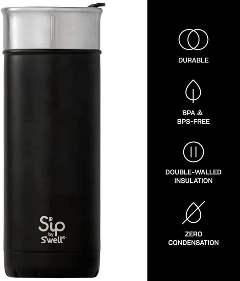 Sip by Swell Stainless Steel Travel Mug ,16 Fl Oz , Coffee Black ,Double Layered Vacuum-Insulated Travel Mug Keeps Coffee Tea And Drinks Cold for 16 Hours and Hot for 4