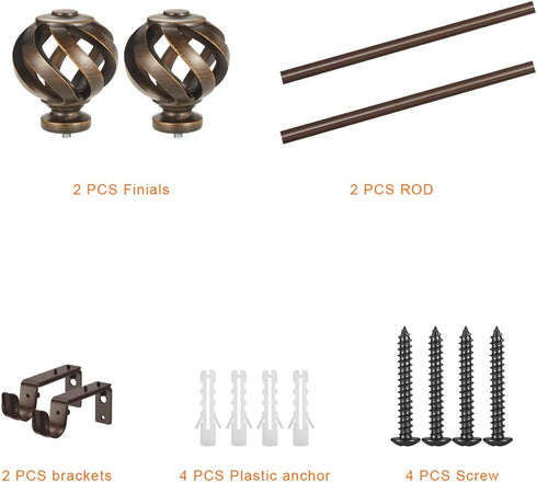 Vimayta 1 inch Curtain Rod with Resin Twisted Birdage Finials, 28 to 48 Inches Adjustable Curtain Rod, Single Curtain Rod Farmhouse Style, Antique Brown