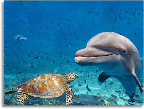 Purple Verbena Art Canvas Print Painting of Sea Turtle Dolphin and Fish Picture Wall Art Underwater World Animal Seascape Photo Artwork Gift for Living Room Bedroom Home Decor-Framed 12x16 Inches