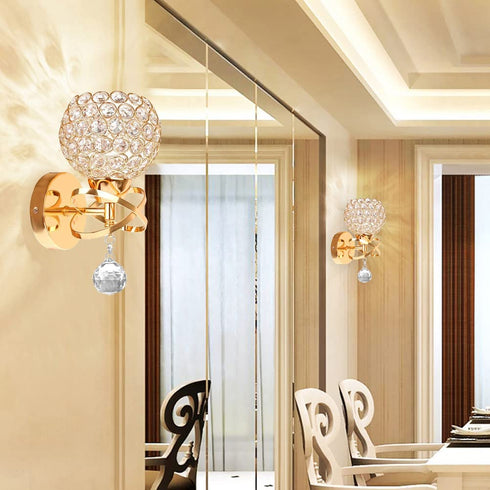 Gold Wall Sconce, Modern Luxury Crystal Wall Lamp, Wall Mounted Crystal Sconces Wall Lighting, Bedroom Wall Light Fixtures with Crystal Pendant Living Room Sconces Wall Decor- E26 Socket