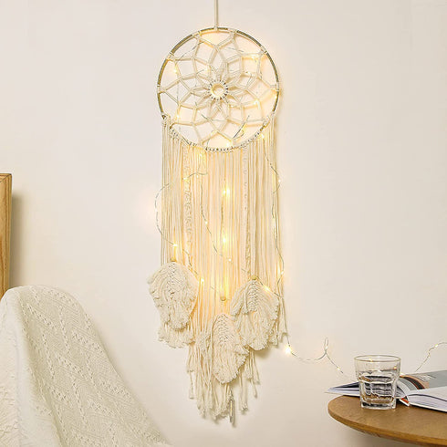 Shinowa Circle Dream Catcher, Cotton Woven Wall Hanging Moon Dream Catcher with Fairy Lights Round Macrame Wall Decoration Bohemian Decor Creative Tassel Home Hangings Boho Ornament Craft, Beige