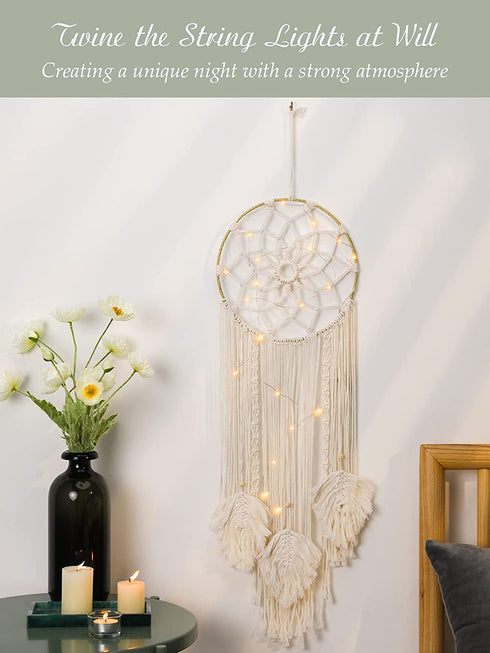 Shinowa Circle Dream Catcher, Cotton Woven Wall Hanging Moon Dream Catcher with Fairy Lights Round Macrame Wall Decoration Bohemian Decor Creative Tassel Home Hangings Boho Ornament Craft, Beige