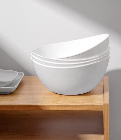 Honla 48 oz Large Salad Bowls,Set of 4 Big Plastic Bowls for Cereal,Pasta,Popcorn,Snacks,Serving Side Dishes,Dinner Parties,Oval Shape,White