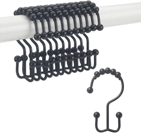 Titanker Shower Curtain Hooks Rings, Rust-Resistant Metal Double Glide Shower Hooks for Bathroom Shower Rods Curtains, Set of 12 Hooks - Matte Black