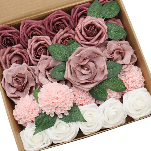 D-Seven Artificial Flowers Delicate Dusty Rose Flowers Combo for DIY Wedding Bouquets Centerpieces Arch Floral Arrangements Bridal Shower Baby Shower Party Home Decorations (Delicate Dusty Rose)