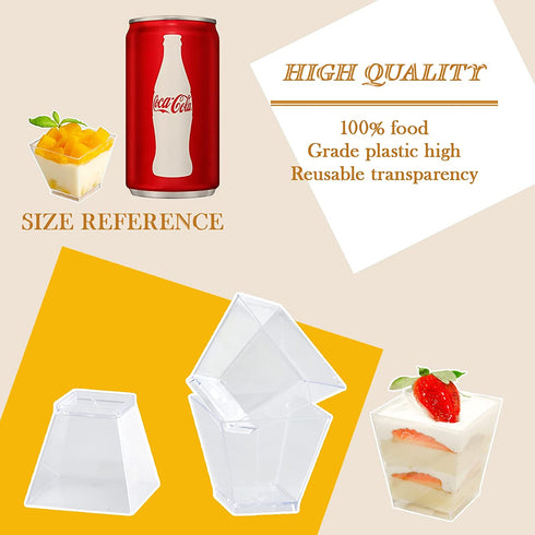 100 x 2oz Square Mini Dessert Cups with Spoons, Clear Plastic Parfait Appetizer Cup - Small Plastic Dessert Cups Reusable Serving Bowl for Tasting Party Desserts Appetizers