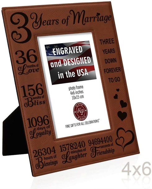 KATE POSH 3rd Anniversary, 3rd Wedding Anniversary, 3 Years Anniversary, Three Years of Marriage, Third Anniversary Engraved Rawhide Leather Picture Frame (4x6-Vertical)