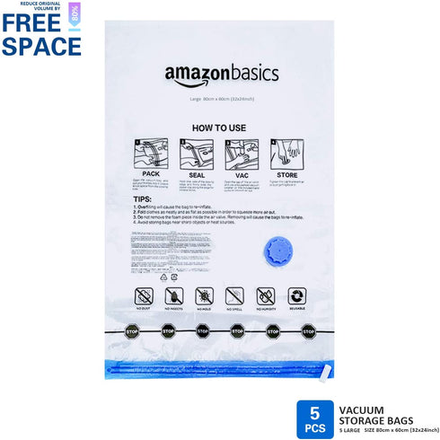 Amazon Basics Vacuum Compression Storage Bags with Hand Pump - Large, 5-Pack