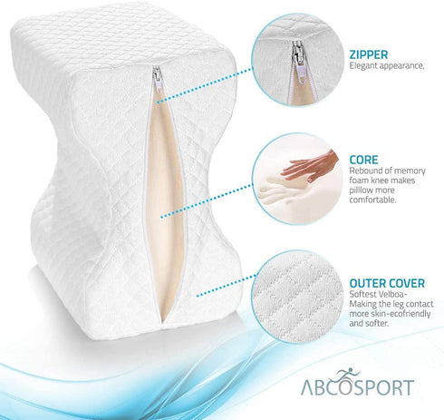 Abco Tech Memory Foam Knee Pillow for Side Sleepers Back Pain, Pregnancy, Leg Pain, Hip Pain and Sciatica Relief - Leg Pillow Wedge with Washable Cover and Bag