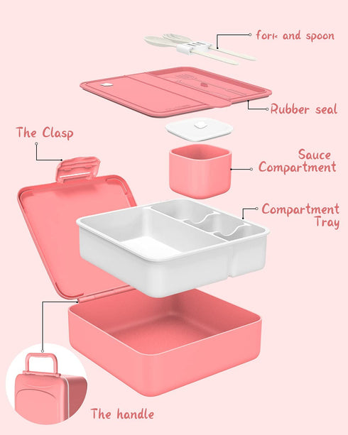 LOOK BACK Bento Lunch Boxes for Kids, 4-Compartment 1.2L Leak-Proof Lunch Container for Child with Sauce Jar, Fork and Spoon, DIY Stickers, BPA-Free Toddlers Food Container Microwave Dishwasher Safe