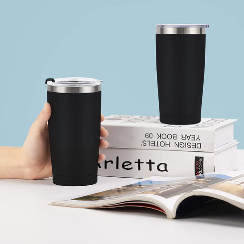 2 Pack Travel Tumblers, 20 Oz Stainless Steel Tumblers with Lids Straws, Vacuum Insulated Tumblers, Double Wall Travel Tumblers, Powder Coated Insulated Coffee Cup for Hot and Cold Drinks, Black