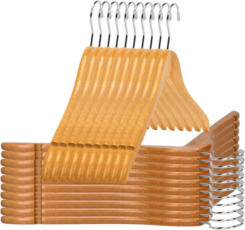 Quality Semi Curved Wooden Suit Hangers, 20-Pack Smooth Finish Solid Wood Coat Hanger with Swivel Hook, Jacket, Pant, Dress Clothes Hangers (Natural, 20)