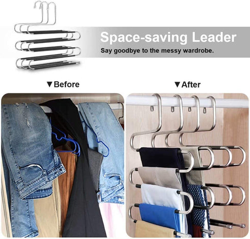 HonTop 3 Pack Pants Hangers S-Shape 5 Layers Stainless Steel with Black Silicone Coating Multi Clothes Cascading Hangers Space Saving Clothes Organizer for Jeans Pants Scarf Ties Towels