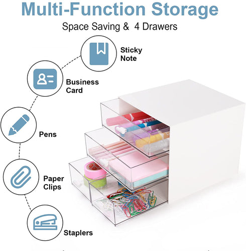 Comix Desk Organizer with Drawer, Desk Storage Box with 4 drawers, Plastic Office Stationery Supplies Organizers, Desktop Organizer for Office School Home (White)