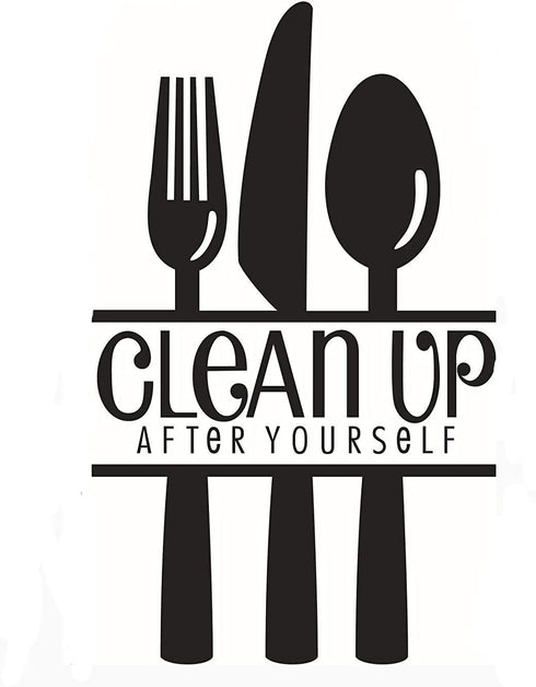 CUGBO Clean UP After Yourself Kitchen Wall Sticker, Fork Knife Spoon Wall Art Decor Mural for Kitchen Dining Room Restaurant Bar Decoration
