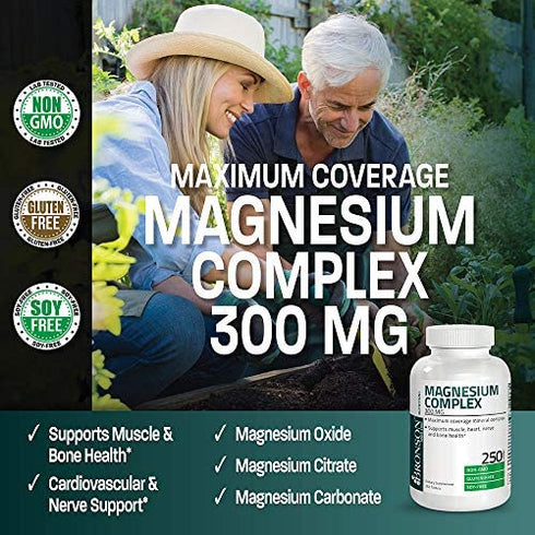Triple Magnesium Complex Maximum Coverage 300 Mg Magnesium Oxide Magnesium Citrate Magnesium Carbonate, Non-GMO Formula, 250 Tablets