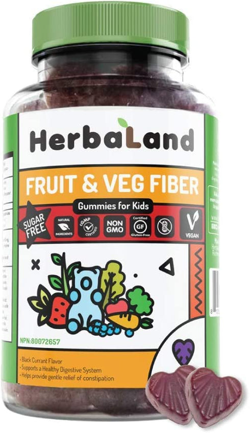 Herbaland Vegan Fruit & Veg Fiber Gummies for Kids - Sugar-Free, Gluten-Free, Gut Health Supplements, Organic, Natural Dietary Supplement, Healthy Digestive System - Black Currant Flavor, 60 Count