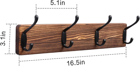 OROPY Rustic Wooden Coat Rack 2 Pack, Wall Mounted Heavy Duty Pine Wood Hat Hanger with 4 Black Metal Hooks for Entryway Bathroom Closet Organizer, Burnt Wood Color