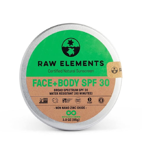 Raw Elements Face and Body Certified Natural Sunscreen | Non-Nano Zinc Oxide, 95% Organic, Water Resistant, Reef Safe, Cruelty Free, SPF 30+, All Ages Safe, Moisturizing, Reusable Tin, 3oz