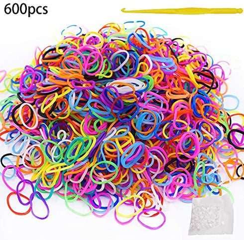600Pcs Colorful Rubber Bands Refill + 480Pcs S Clip+ 1 Hook for Rubber Band Knitting Hook Tool Kit DIY Rubber Band Bracelet Woven S Clips Connectors Refills for DIY Bracelet Kit