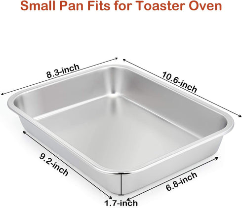 Stainless Steel Sheet Cake Pan Set of 2, E-far 10.6 x 8.3 x1.7 Inches Small Brownie Baking Pan, Rectangular High-Sided Cookie Sheet Pan Fit for Toaster Oven, Non-Toxic & Heavy Duty, Dishwasher Safe
