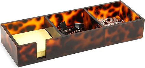 Tortoise Shell Sticky Note Holder for Desk with 3 Compartments (10.1 x 3.5 x 1.7 in)