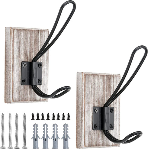 OLBET Farmhouse Towel Hooks for Bathroom Wall Mounted - Rustic Wall Hooks for Hanging Coats - 2 Pack - Retro Iron Wood Hooks - Classical Heavy Duty Hangers for Your House - Weathered White