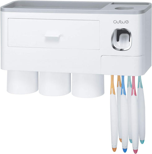 Pretigo Toothbrush Holder Easy Install Large Capacity Storage, with Cosmetic Drawer Organizer and Toothbrush Rack, Integrated with Automatic Toothpaste Dispenser, Space Saving with Magnetic Cup Design