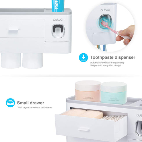 Pretigo Toothbrush Holder Easy Install Large Capacity Storage, with Cosmetic Drawer Organizer and Toothbrush Rack, Integrated with Automatic Toothpaste Dispenser, Space Saving with Magnetic Cup Design