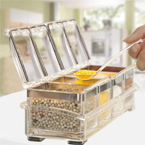 Aogist Kitchen Spice Pots 4 Piece Clear Seasoning Box - Premium Quality Seasoning Storage Container - Storage Container Condiment Jars - Seasoning Rack - Acrylic Seasoning Box with Cover and Spoon 304 Steel Edge