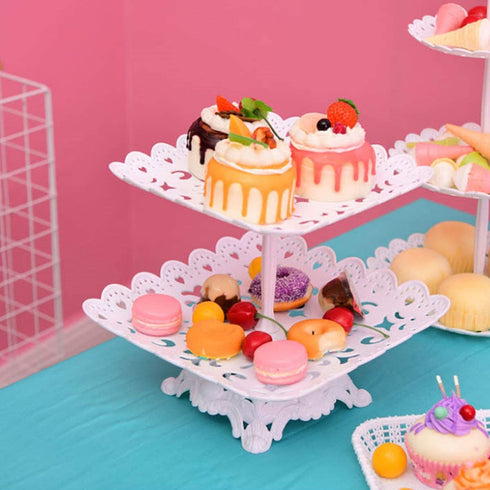 6Pcs Party Cupcake Cake Stand Includes 3 Tier 2 Tiers Square/Heart/Round Cupcake Holder with 3pcs Rectangle Plastic Serving Trays for Party Wedding Home Decor