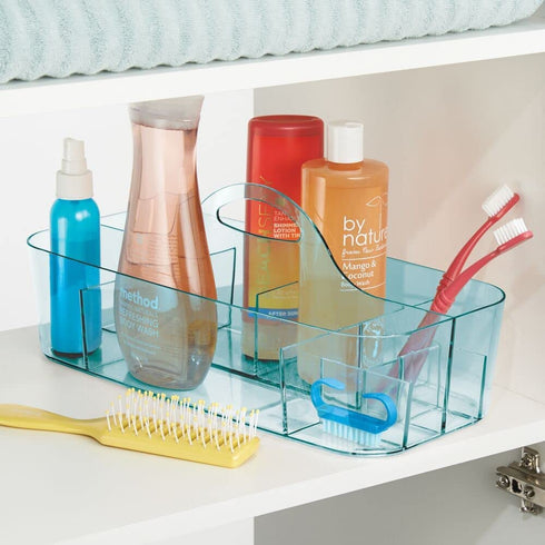 mDesign Plastic Portable Storage Organizer Caddy Tote - Divided Basket Bin with Handle for Bathroom, Shower, Dorm Room - Holds Hand Soap, Body Wash, Shampoo, Conditioner, Lotion - Sea Blue