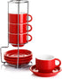 Sweese 405.404 Porcelain Stackable Espresso Cups with Saucers and Metal Stand - 4 Ounce - Set of 4, Red